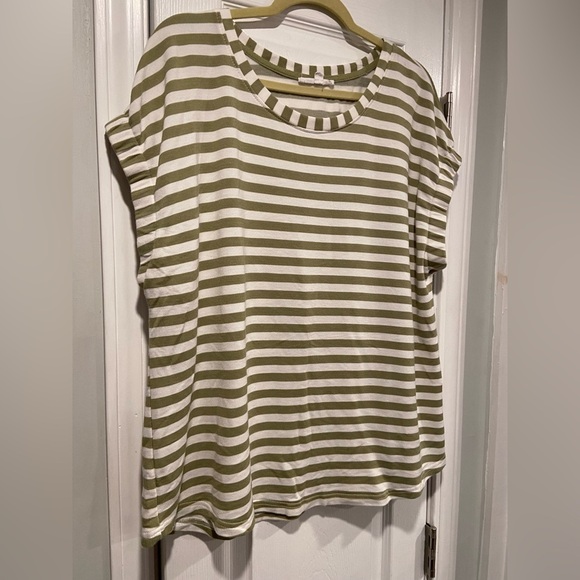 Jane + Delancey Size XL Banded Sleeve Crew Neck Green White Stripe Terry Top - Picture 3 of 10